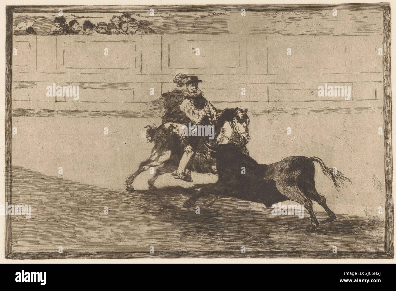 A Spanish man dressed as a nobleman, on horseback and fighting a bull in an arena. On the stand a small group of spectators. Numbered upper right: 13., Bullfighter in an arena Un caballero Español en plaza quebrando rejoncillos sin auxilio de los chulos Bullfighting (series title) La Taureaumachie (series title) La Tauromaquia (series title), print maker: Francisco de Goya, publisher: Eugène Loizelet, print maker: Spain, publisher: Paris, 1876, paper, etching, h 247 mm × w 355 mm Stock Photo