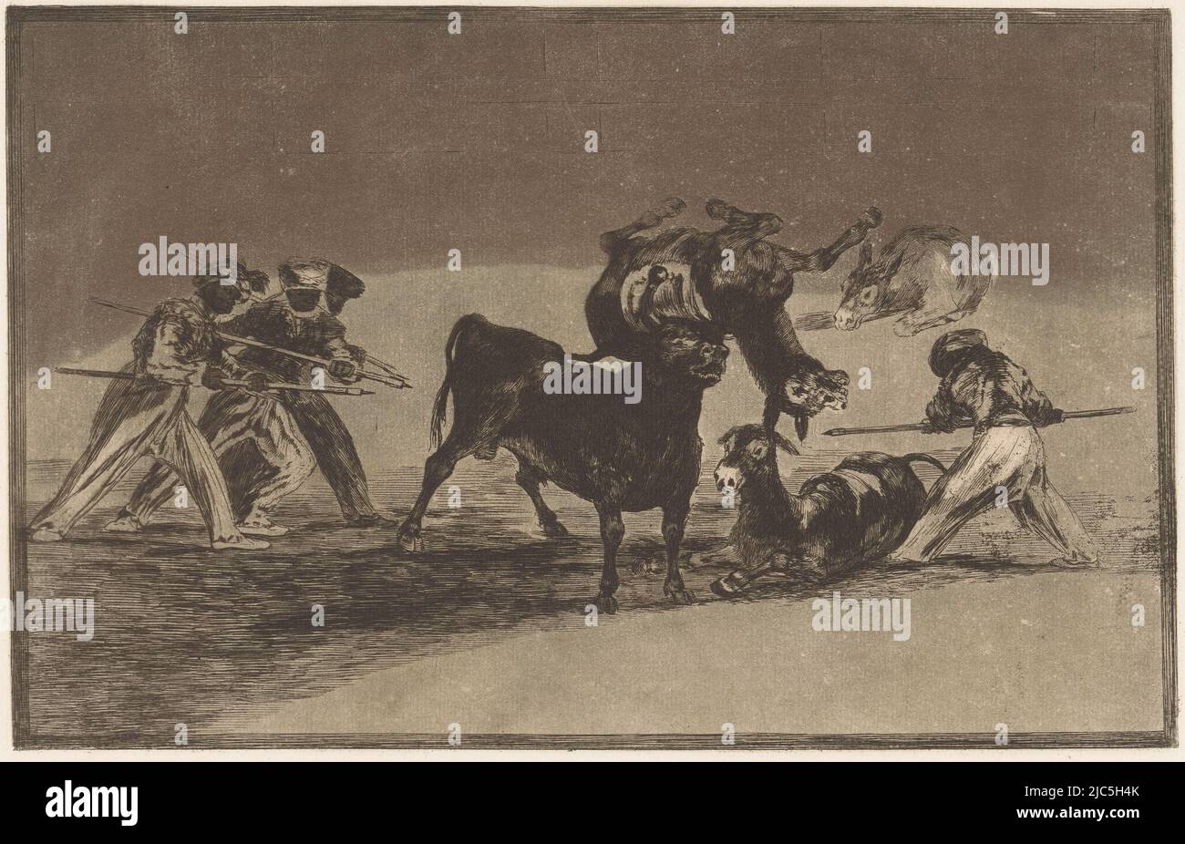 Four Moors use donkeys as a barrier to protect themselves from a bull. The tips of the bull's horns are covered with balls. With his head, he throws one of the donkeys into the air. Two other donkeys are lying on the ground. Numbered top right: 17., Moors and donkeys in fight with a bull Palenque de los Moros hecho con burros para defenderse del toro embolado Bullfighting (series title) La Taureaumachie (series title) La Tauromaquia (series title), print maker: Francisco de Goya, publisher: Eugène Loizelet, print maker: Spain, publisher: Paris, 1876, paper, etching, h 244 mm × w 350 mm Stock Photo