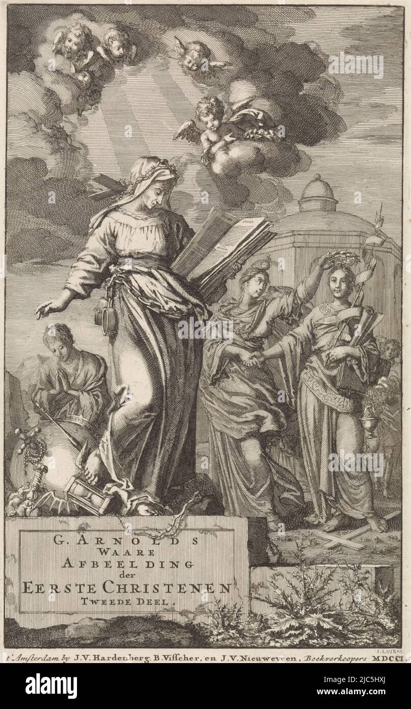 The personification of early Christianity (with the attributes of torture instruments and a Bible) in the foreground. She stands on the symbols of time (a winged hourglass) and of worldly power and wealth (a crowned globe with a money purse). Above her, cherubs fly.  Behind her on the right, the personification of late Christianity is crowned by the personification of the world., Early Christianity overcomes time and late Christianity is crowned by the world Title page for Godfrey Arnold, True Image of the First Christians, Volume 2, 1701 True Image of the First Christians , print maker: Jan Stock Photo
