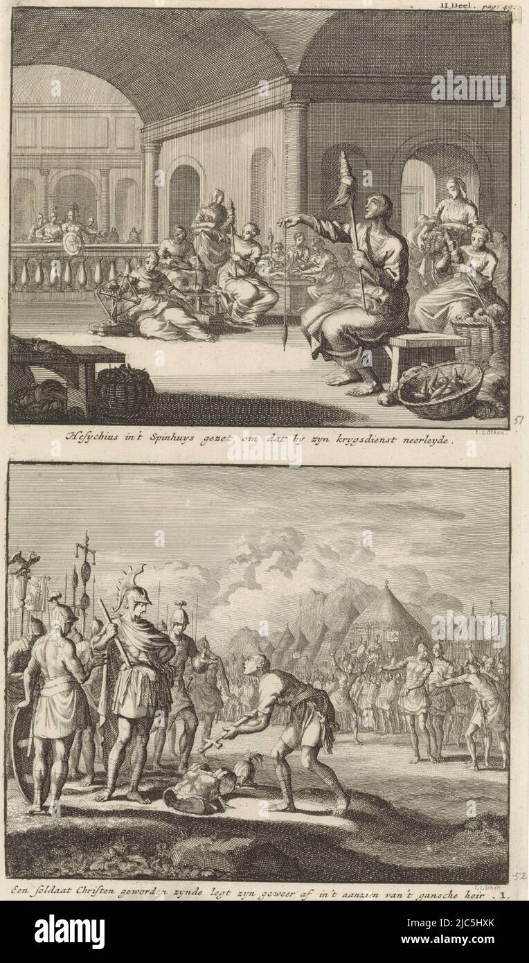 Two representations on one plate. Above: Saint Hesychius of Antioch is in a weaving shop with women, spinning wool with a spinning skirt. In the background, soldiers come to fetch him. Below: a Roman soldier converted to Christianity refuses to fight in the army anymore and lays down his sword and armor at the feet of his commander. In the background the army camp and gesticulating soldiers, Saint Hesychius of Antioch spinning wool and the refusal of a Christian soldier to fight Hesychius in 't Spinhuys put / A soldier becoming a Christian lays down his rifle , print maker: Jan Luyken, ( Stock Photo