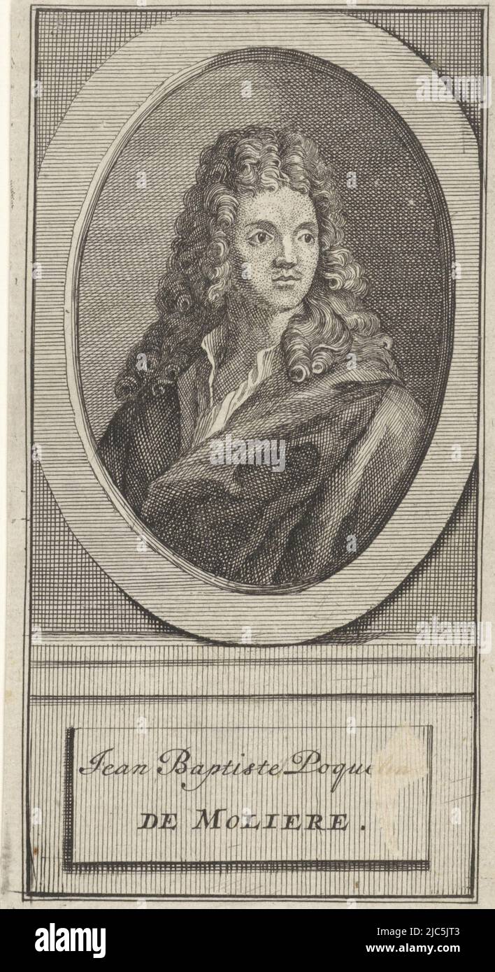 Portrait of Jean Baptiste Poquelin Molière, print maker: Caspar Luyken, publisher: Nicolaas ten Hoorn, Amsterdam, 1705, paper, etching, h 134 mm × w 71 mm Stock Photo