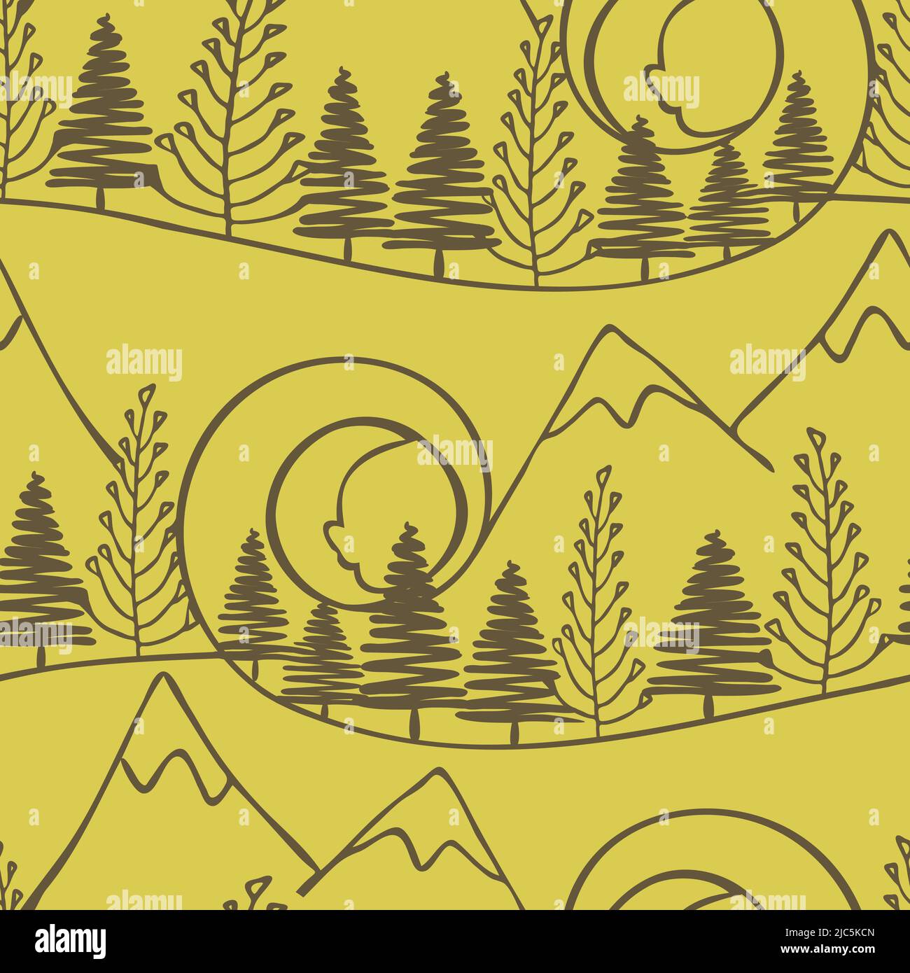 Seamless vector pattern with forest landscape on yellow background. Simple outdoors line art wallpaper design. Stock Vector