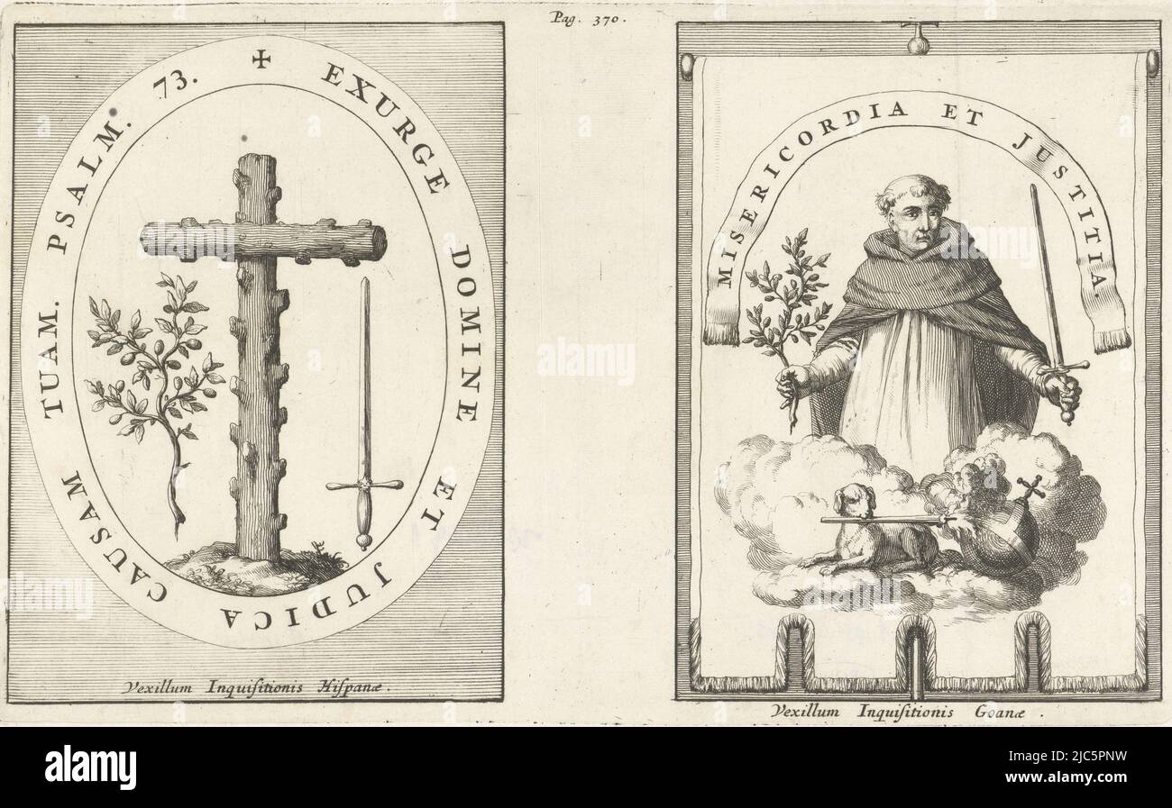 Two representations of one plate. Print marked in the upper middle: Pag. 370., Medallion with cross of gnarled wood / Saint Dominic with sword and olive branch in hand Vexillum Inquisitionis Hispaniae / Vexillum Inquisitionis Goanae, print maker: Jan Luyken, publisher: Henricus Wetstein, Amsterdam, 1692, paper, etching, h 163 mm × w 266 mm Stock Photo