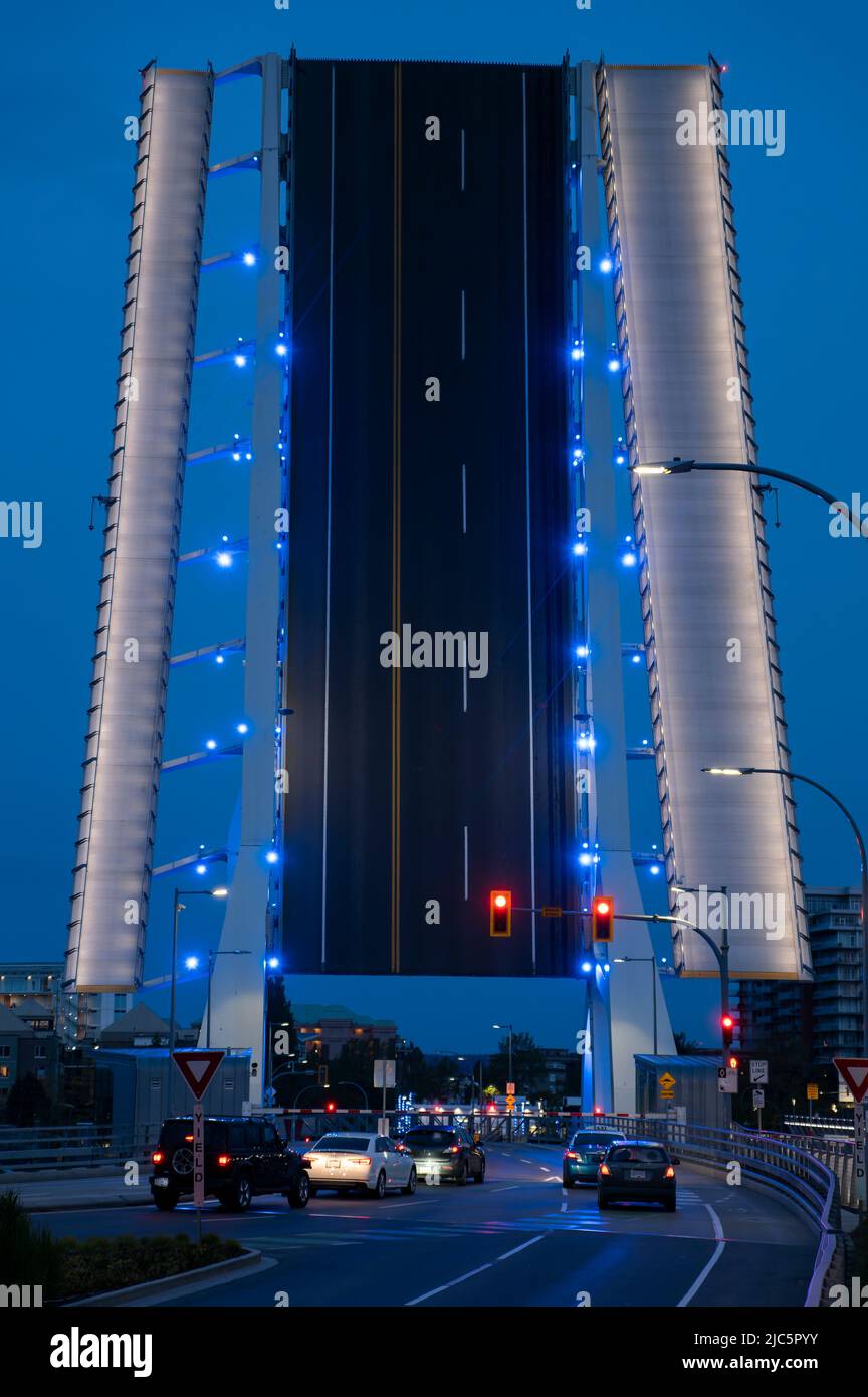 The Johnson Street lift bridge in Victoria, British Columbia, Canada, seen before sunrise in its