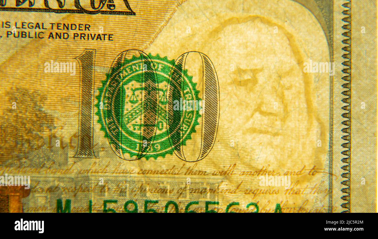 One hundred US dollars close-up with watermark. Paper bill dollars. Stock Photo