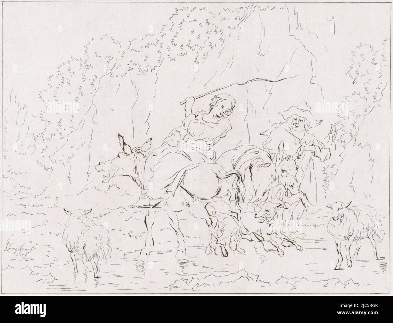 A shepherdess sits on a balding donkey, which is crossing a stream, kicking its hind legs. She holds a branch above her head and watches a dog leap to the hind legs of her donkey. A shepherd with a second donkey stands at the water's edge. In the water are two sheep,, Shepherd and shepherdess, print maker: Diederik Jan Singendonck, (mentioned on object), Nicolaes Pietersz. Berchem, (mentioned on object), Utrecht, 1815, paper, etching, h 217 mm × w 261 mm Stock Photo