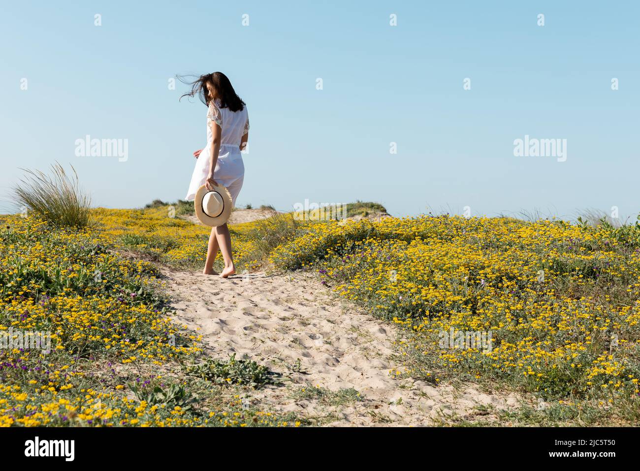 Woman holding sun hat hi-res stock photography and images - Alamy