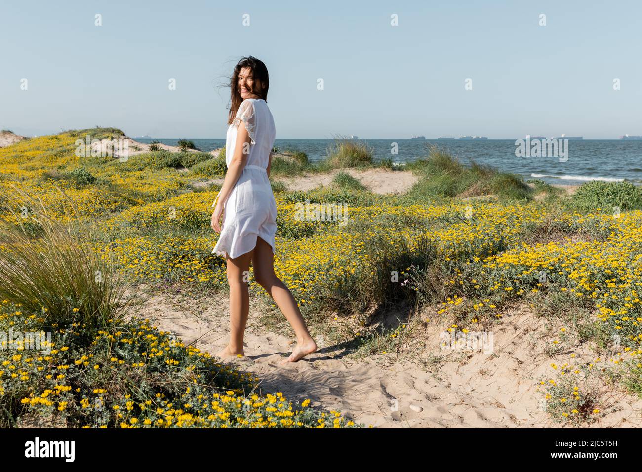 Pretty young woman smiling at camera on beach Stock Photo - Alamy