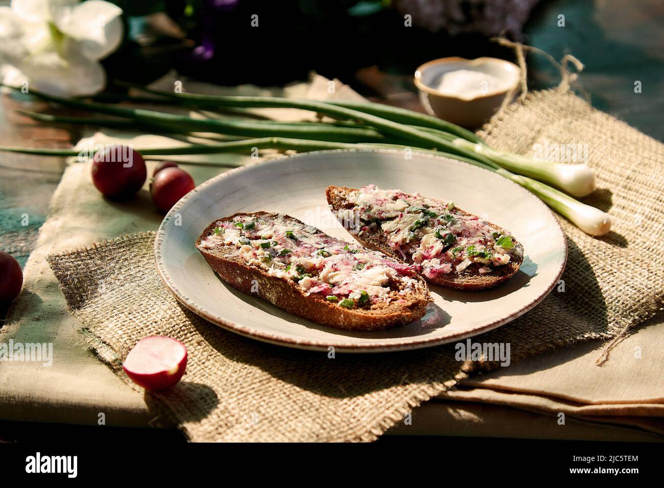 Healthy snack organic radish smearing on sourdough bread with young