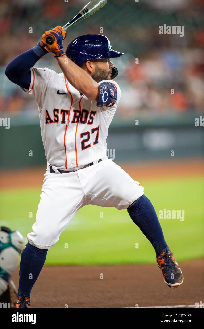 Houston Astros second baseman Jose Altuve 27 adjust his batting gloves on the field during batting practice prior the start of the baseball game between the Houston Astros and the Texas Rangers