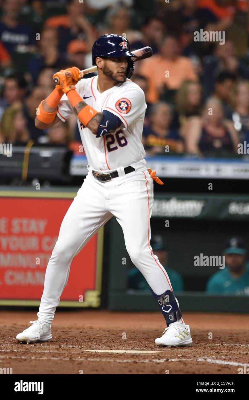 Houston Astros center fielder Jose Siri (26) bats in the bottom go the