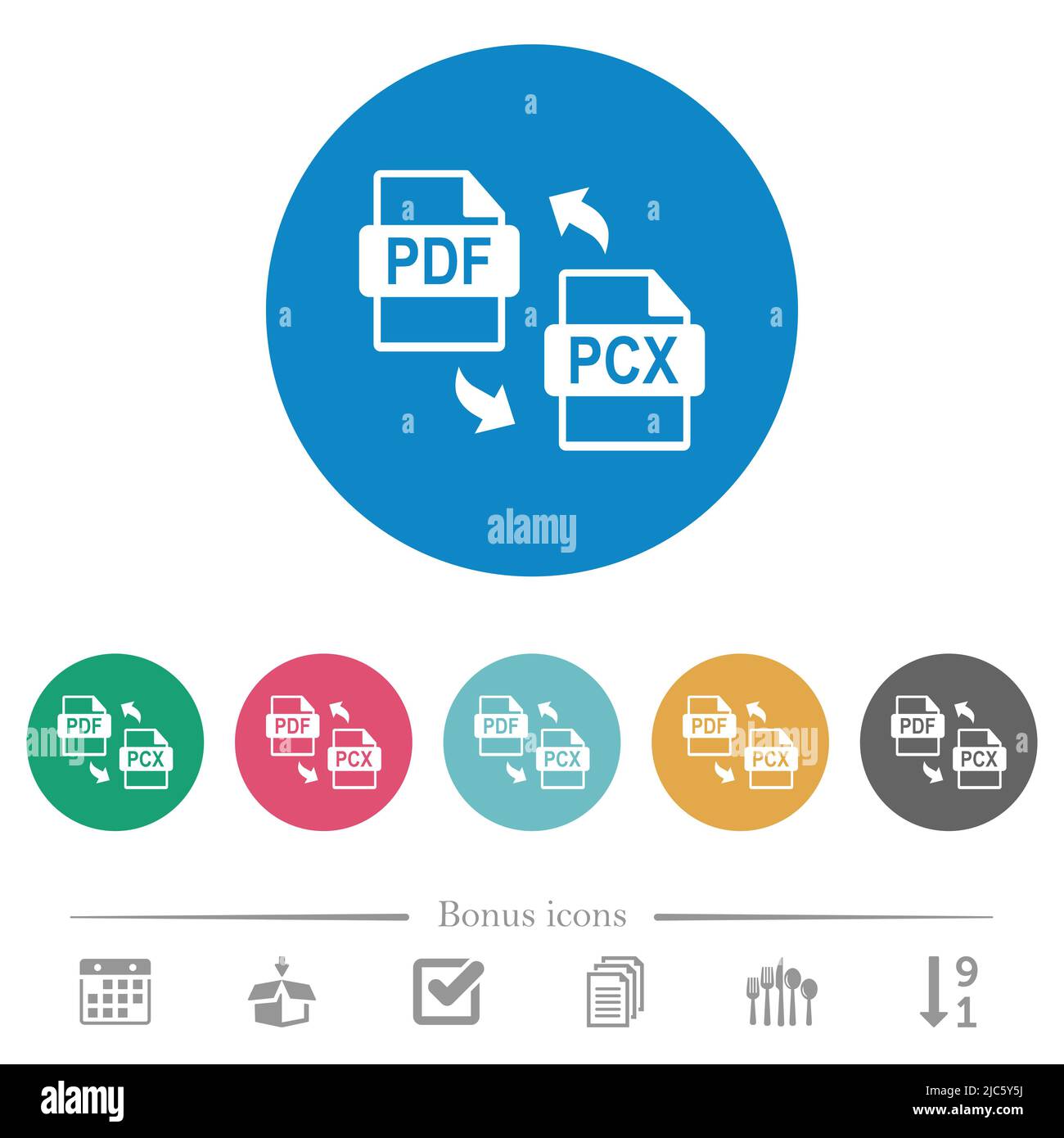 PDF PCX file conversion flat white icons on round color backgrounds. 6 ...