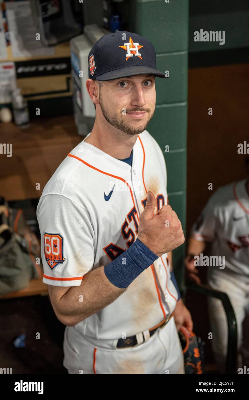 Houston Astros right fielder Kyle Tucker (30) gives a thumbs-ip after the MLB game between the Houston Astros and the Seattle Mariners on Tuesday, Jun Stock Photo