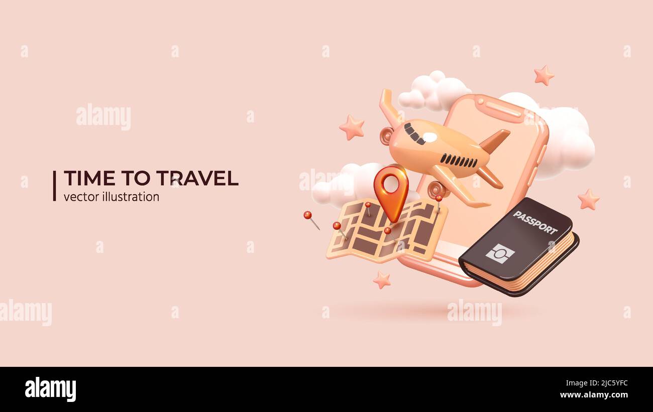 Opportunity to travel the world again. Pandemic cancellation, summer holidays, airplane flights. Visiting interesting places. Travel concept in Realistic 3d cartoon minimal style. Vector illustration Stock Vector
