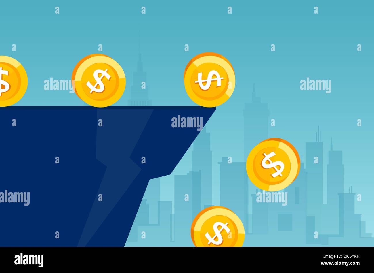 Vector of dollar coins falling down of the cliff on a city background Stock Vector