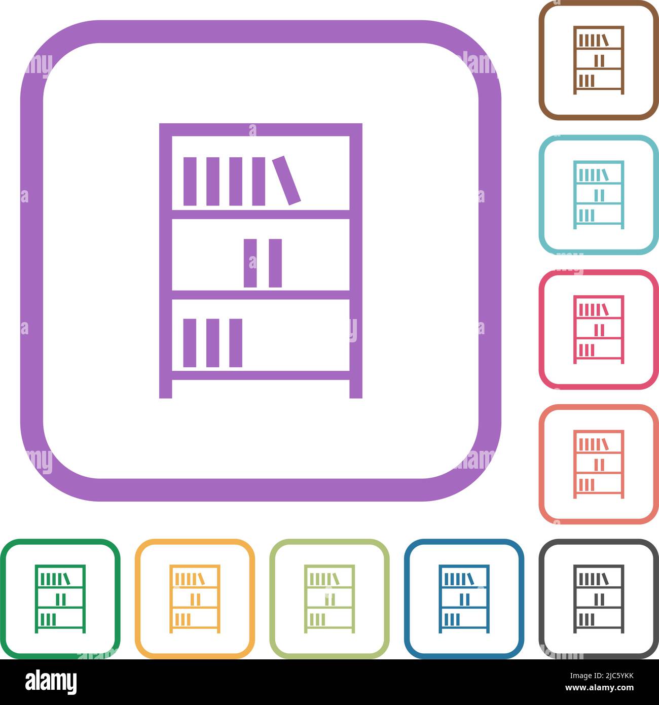 Bookshelf with books outline simple icons in color rounded square ...