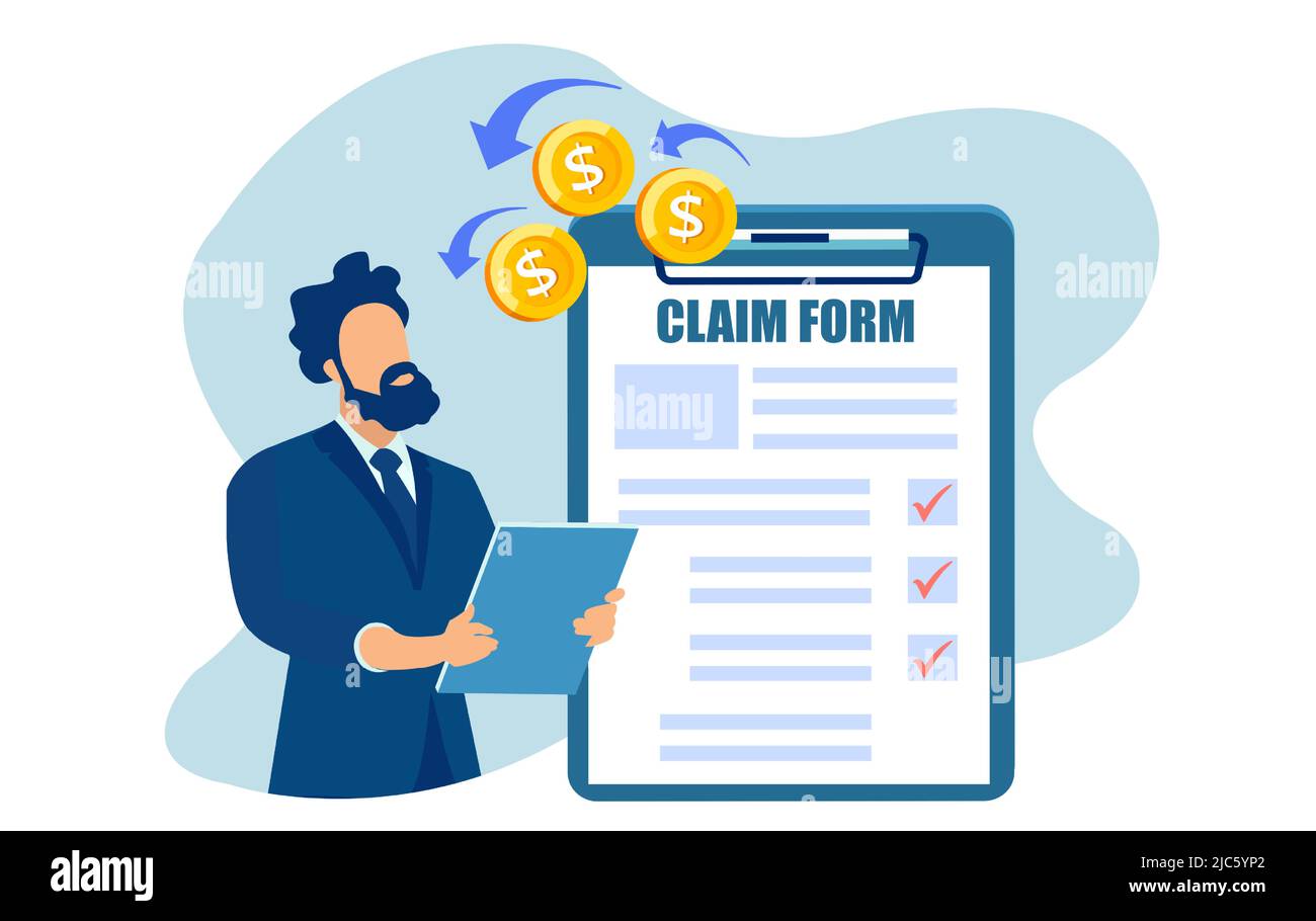 Vector of a business man filling out a claim form to get compensation Stock Vector