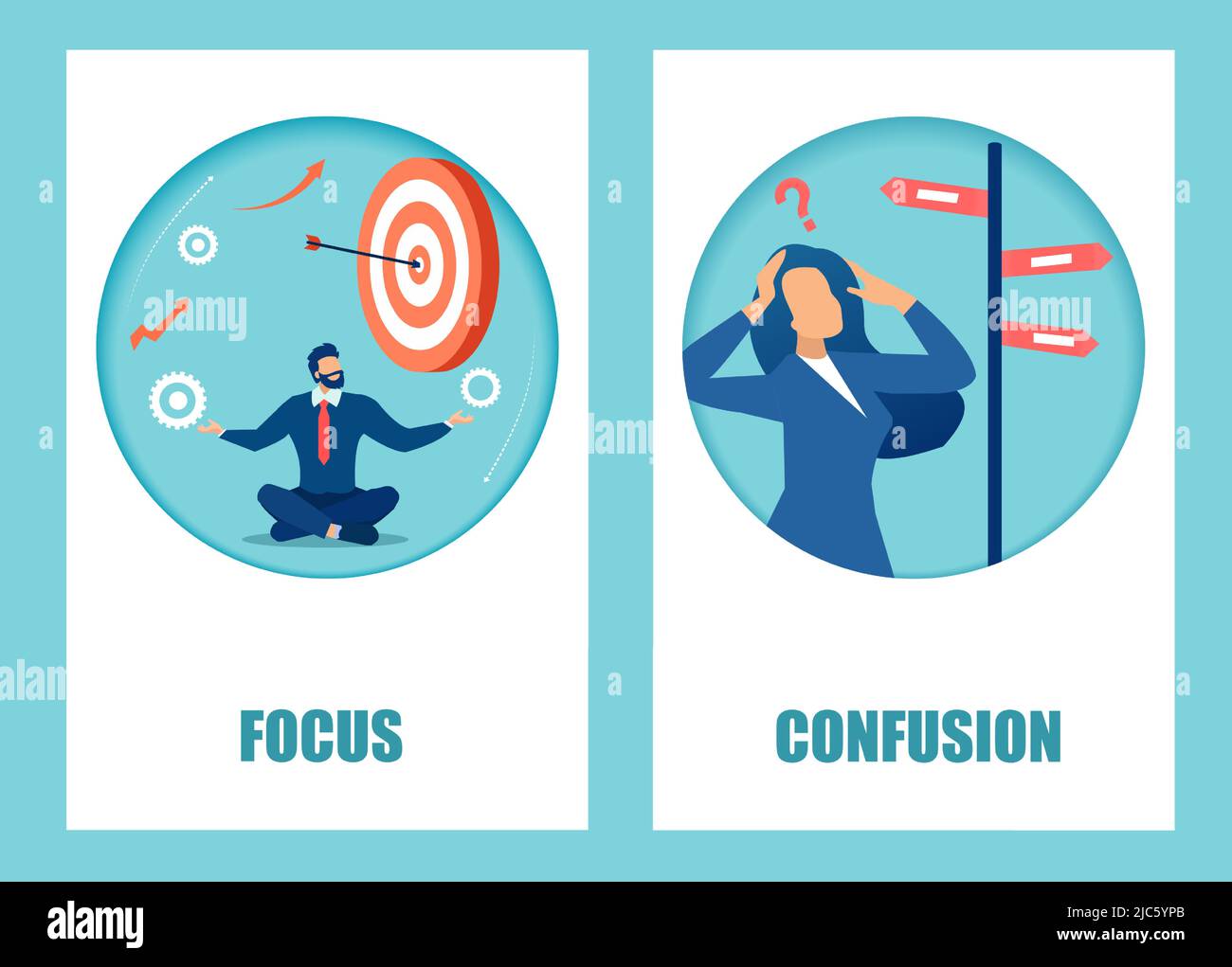 Mental state concept. Vector of a focused businessman vs confused businesswoman Stock Vector