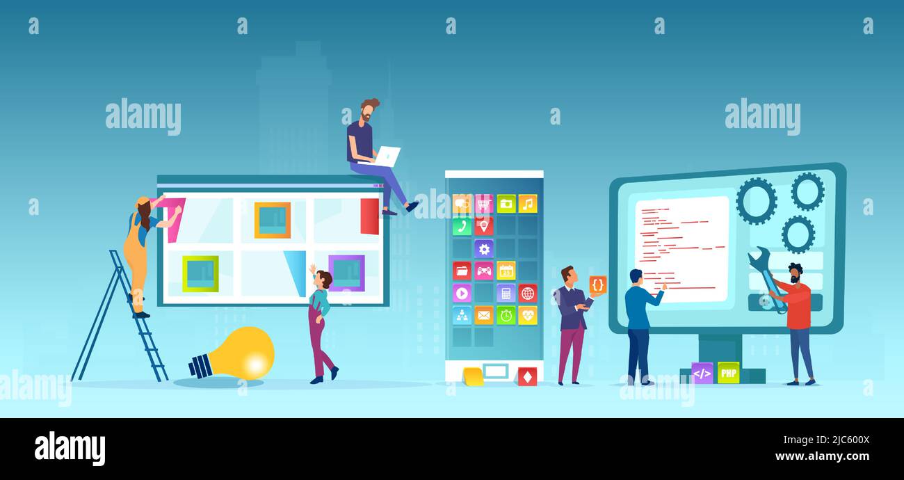 Vector of programmers men and women designing a web and mobile application Stock Vector