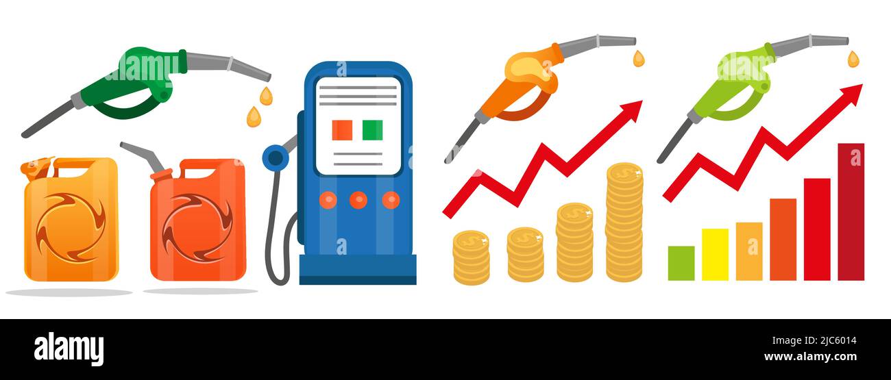 petrol fuel icon set flat style refueling gun and canister, Rising gas