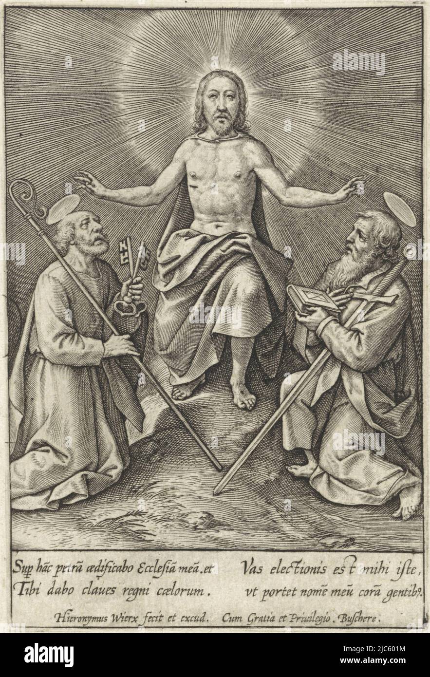 Peter and Paul kneeling in adoration before the resurrected Christ. He blesses them, seated on a knoll. In the margin a four-line caption, in two columns, in Latin., Resurrected Christ with Peter and Paul, print maker: Hieronymus Wierix, (mentioned on object), publisher: Hieronymus Wierix, (mentioned on object), Joachim de Buschere, (mentioned on object), Antwerp, 1563 - before 1619, paper, engraving, h 96 mm × w 65 mm Stock Photo