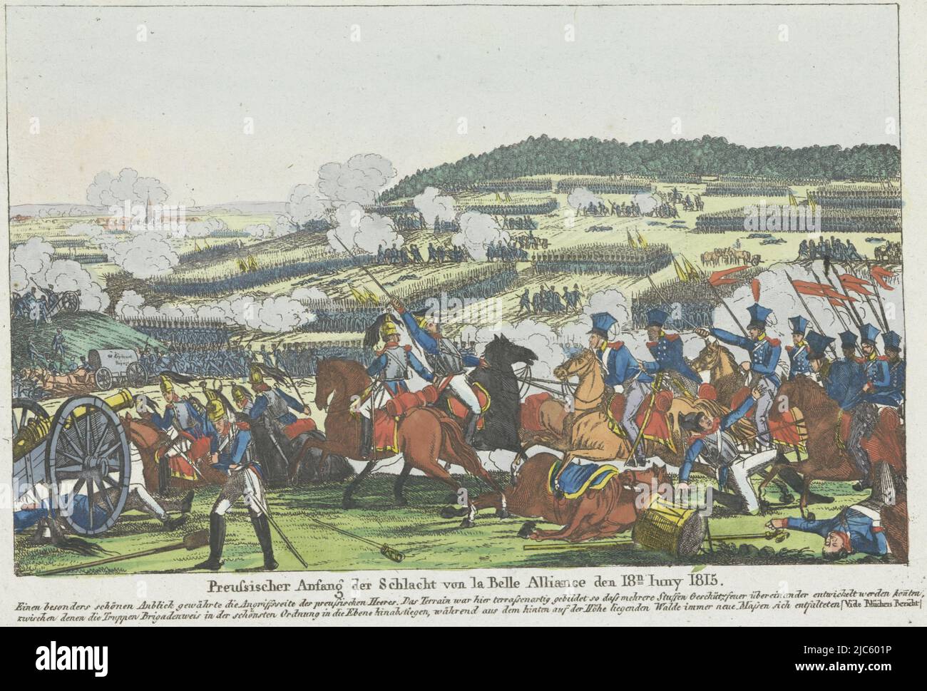 Advancing in formation of Prussian troops in the battle of La Belle Alliance, better known as the Battle of Waterloo, June 18, 1815. With two-line caption in German, Prussian troops in the battle of Waterloo, 1815 Preussischer Anfang der Schlacht von la Belle Alliance den 18n Iuny 1815 , print maker: anonymous, publisher: Friedrich Campe, (mentioned on object), print maker: Germany, publisher: Neurenberg, 1815, paper, etching, h 180 mm × w 258 mm Stock Photo