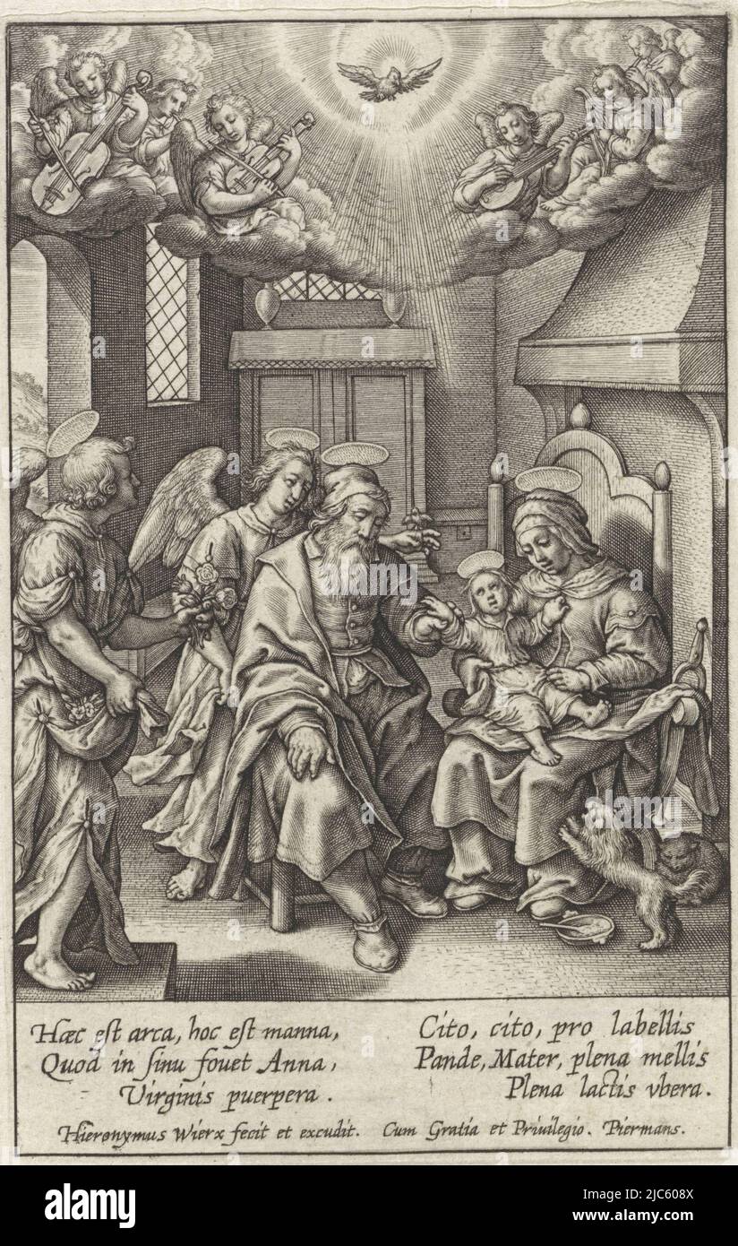 Young Mary is sitting on the lap of her mother Anna. Next to them is her father Joachim. They are visited by two angels who bring them flowers. In the sky surrounded by heavenly rays the Holy Spirit as a dove, surrounded by music-making angels. In the margin a six-line caption, in two columns, in Latin, Mary on her mother's lap Anna Life of the Virgin Mary (series title) Vita Deiparæ Virginis Mariæ (series title), print maker: Hieronymus Wierix, (mentioned on object), Hieronymus Wierix, publisher: Hieronymus Wierix, (mentioned on object), Antwerp, 1563 - before 1619, paper, engraving, h 101 mm Stock Photo
