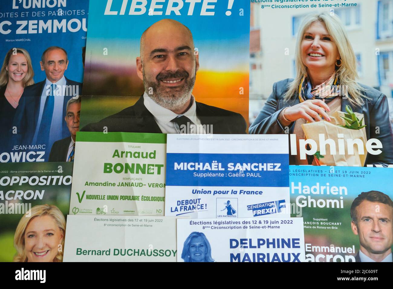Paris, France - June 2, 2022 : Campaign posters and flyers  of all the important politicians of France for the legislative elections Stock Photo