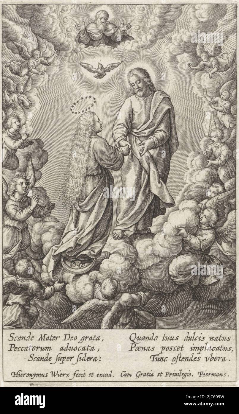 Mary is carried away to heaven on the crescent moon. Christ takes hold of her hand. Above him the Holy Spirit as a dove and God the Father. They are surrounded by angels on the clouds. In the margin a six-line caption, in two columns, in Latin., Ascension of Mary Life of the Virgin Mary (series title) Vita Deiparæ Virginis Mariæ (series title), print maker: Hieronymus Wierix, (mentioned on object), Hieronymus Wierix, publisher: Hieronymus Wierix, (mentioned on object), Antwerp, 1563 - before 1619, paper, engraving, h 106 mm × w 67 mm Stock Photo