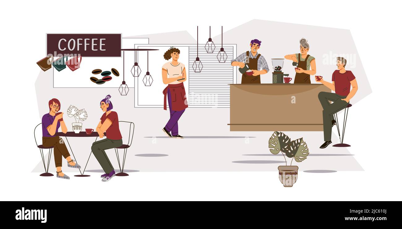 People s eat dessert and drink coffee or tea at coffeeshop, flat vector isolated. Stock Vector