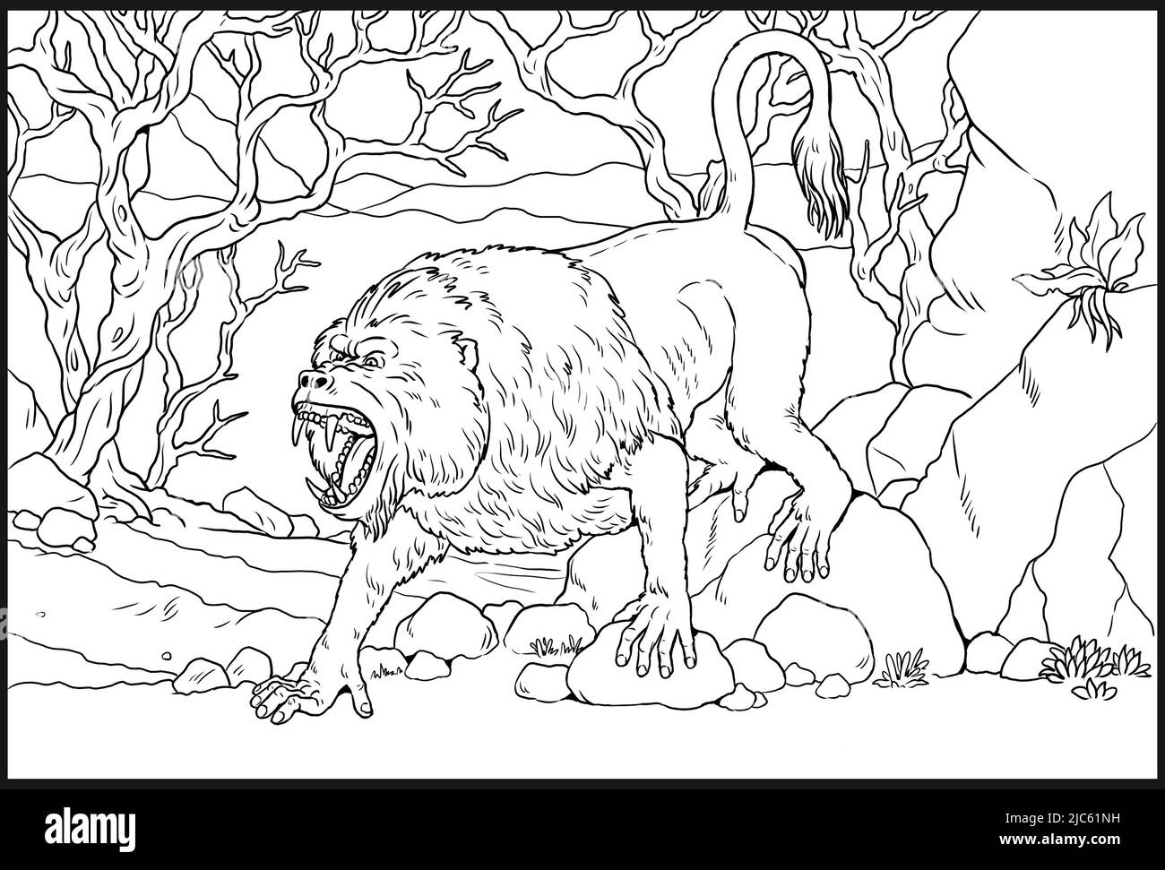 Prehistoric primates - dinopithecus. Monster baboon. Ancestors of humans for coloring book. Stock Photo
