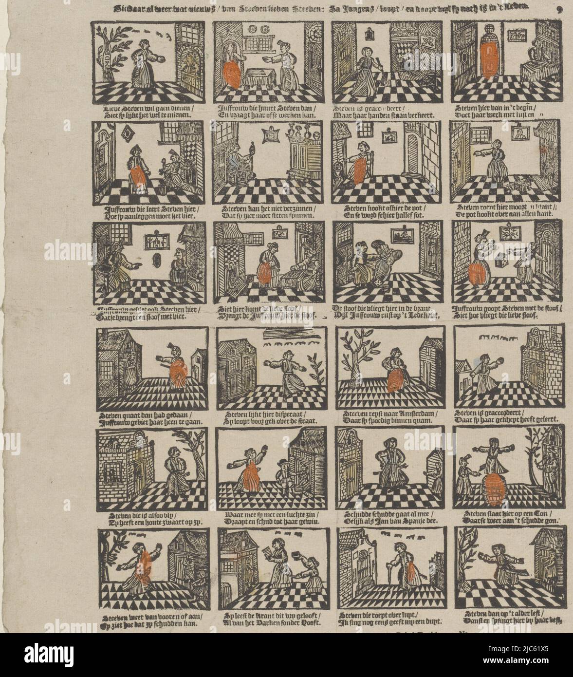 Sheet with 24 representations from the life of Steven the maid. Below each scene a two-line verse. Numbered top right: 9., Sie daar al weer wat nieuws / van Steeven lieven Steeven: Sa boys / buys / and buys wyl sy noch is in 't leven , publisher: David le Jolle, (mentioned on object), print maker: anonymous, publisher: Amsterdam, print maker: Netherlands, 1814 - 1820, paper, letterpress printing, h 413 mm × w 327 mm Stock Photo