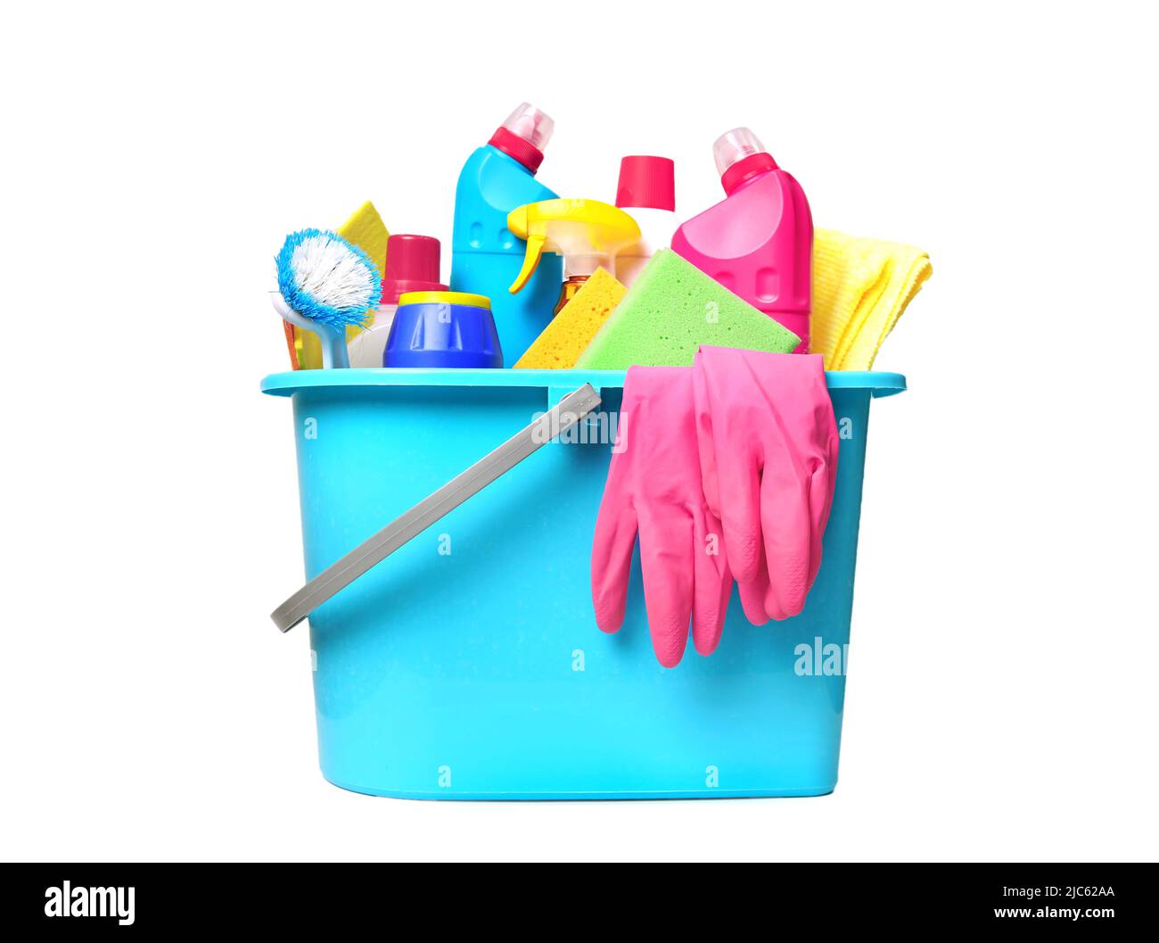 Plastic bucket with domestic desinfectant bottles and sprays.Household