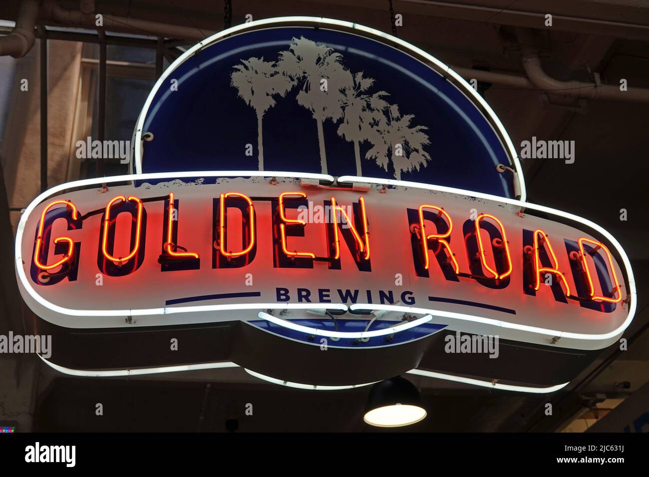 Los Angeles, CA / USA - May 14, 2022: A Golden Road Brewing neon sign is shown at Grand Central Market in downtown L.A. For editorial uses only. Stock Photo