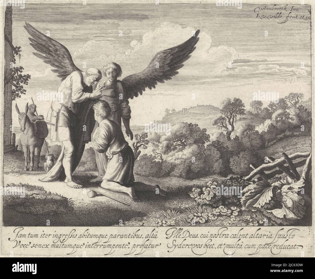Tobit blesses his son Tobias before setting off on a journey with the angel Raphael. First print in a series of four on the biblical story of Tobias, Tobias blessed by the blind Tobit Story of Tobias (series title), print maker: Jan van de Velde (II), (mentioned on object), Moyses van Wtenbrouck, (mentioned on object), publisher: Jan van de Velde (II), (mentioned on object), Northern Netherlands, 1603 - 1641, paper, etching, engraving, h 169 mm × w 207 mm Stock Photo
