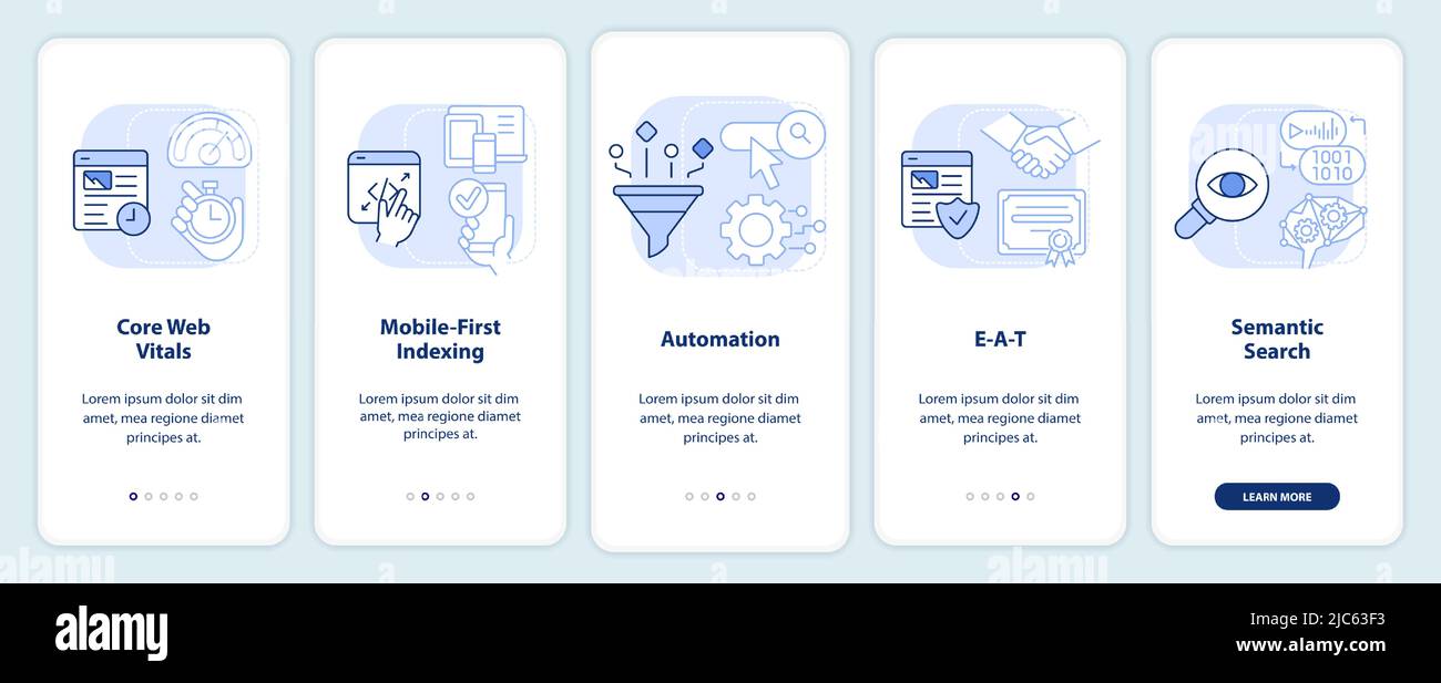 Search engine optimization concepts light blue onboarding mobile app screen Stock Vector