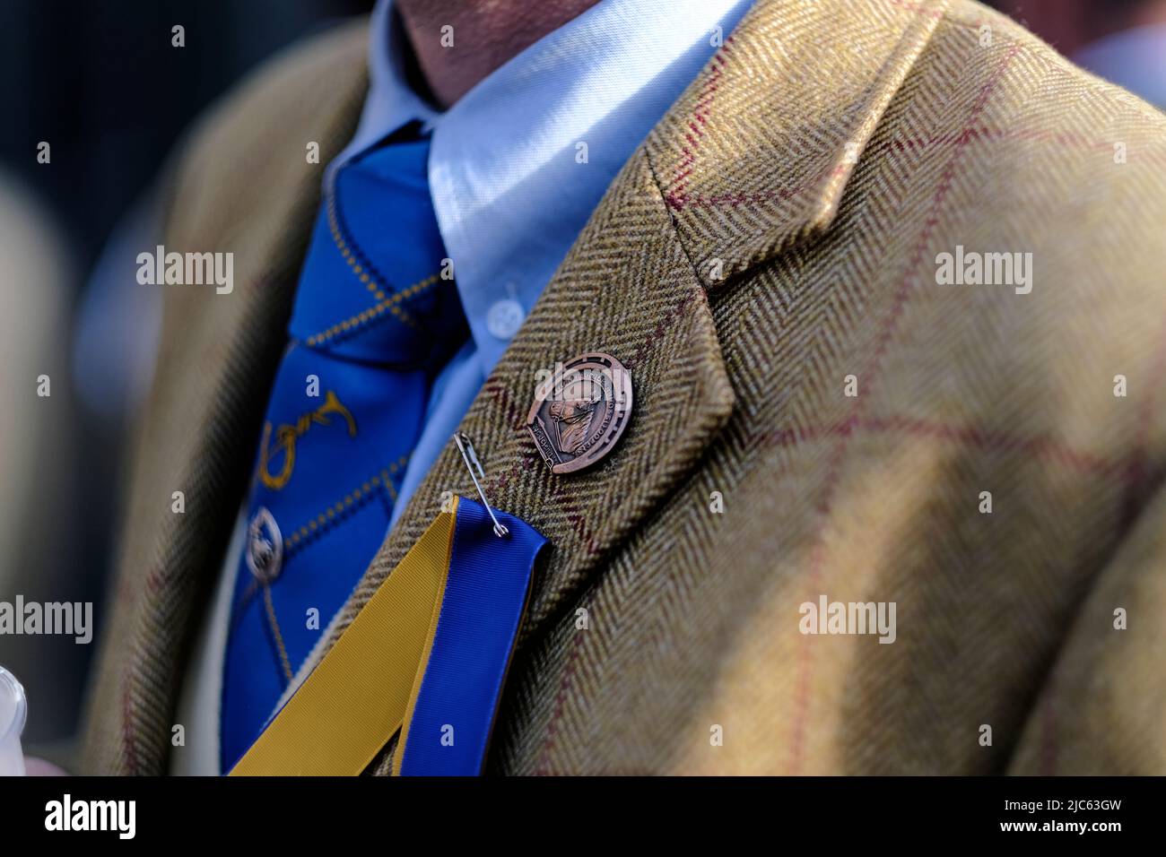 Hawick, UK. , . 2022 Hawick Common Riding A rider wearing the Tie' and the ribbons of