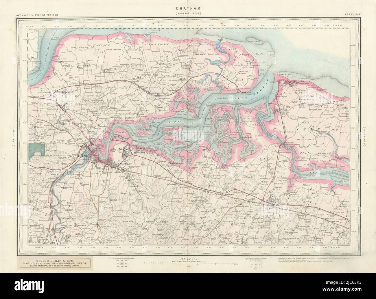 Ordnance Survey Sheet 272 Chatham. Medway Chatham Sittingbourne Kent 1876 map Stock Photo