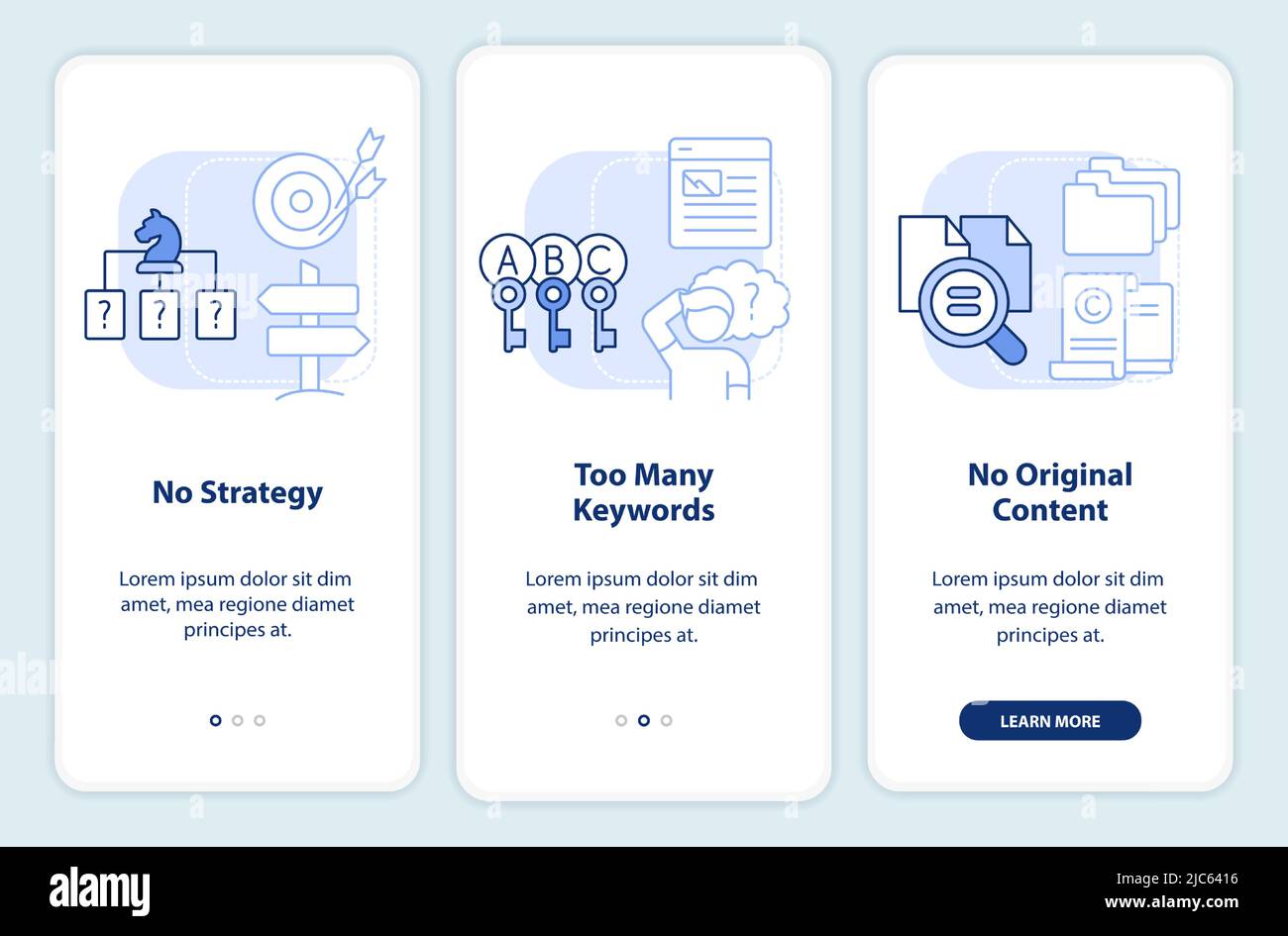 Search engine optimization mistakes light blue onboarding mobile app screen Stock Vector