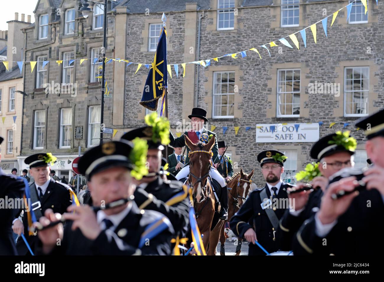 Hawick, UK. , . 2022 Hawick Common Riding Following the Drums & Fifes, Middlemass, leads