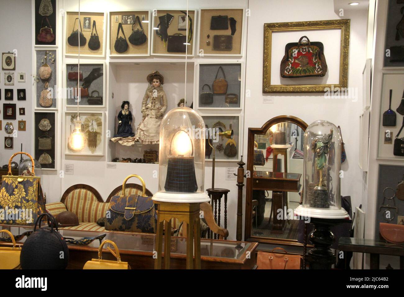 Bucharest, Romania. Inside the showroom of the famous fashion designer Dan Coma, with a display of luxurious handbags. Stock Photo