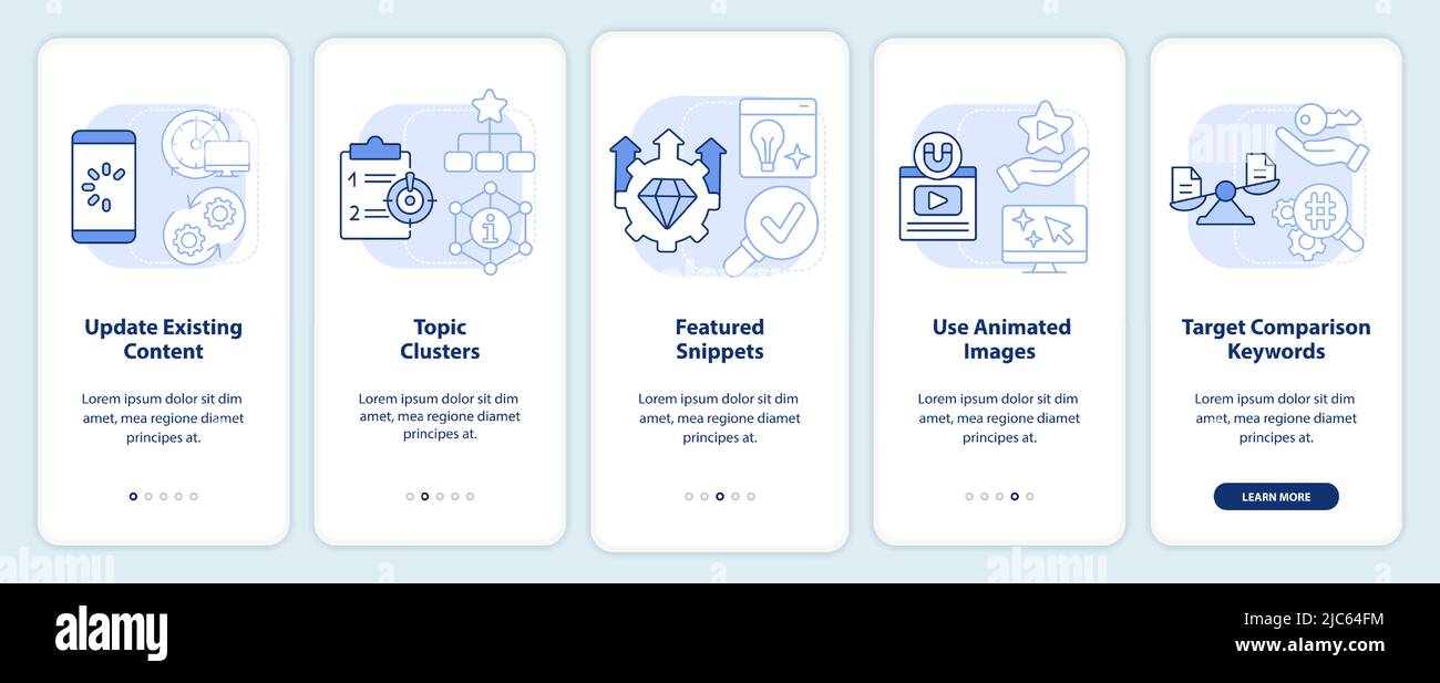 Advanced SEO techniques light blue onboarding mobile app screen Stock Vector