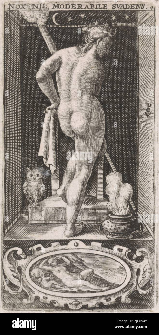 Niche with the female personification of Night, with stars around her head. In her hand she holds a burning torch. At her feet an owl and a fire pot. In the cartouche below the niche Venus and Amor, Night Nox Nil Moderabile Svadens  The four times of the day (series title), print maker: Crispijn van de Passe (I), (mentioned on object), unknown, 1574 - 1637, paper, engraving, h 86 mm × w 43 mm Stock Photo