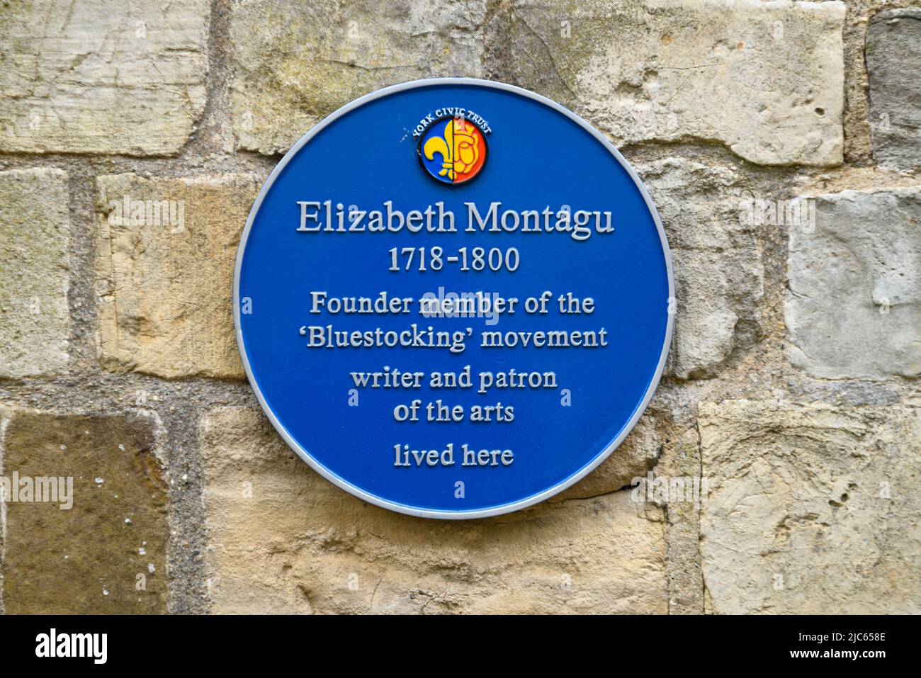 Commemorative blue plaque to Elizabeth Montagu, founder member of the Bluestocking movement, York Minster, York, UK Stock Photo