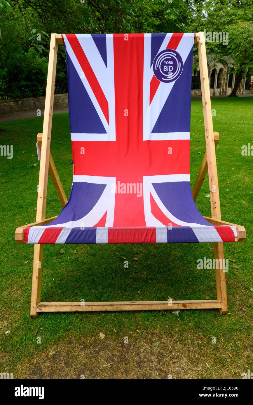 Giant union jack flag deckchair in the grounds of York Minster