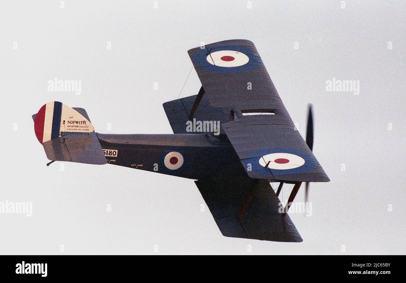 1970s, historical, Sopwith F-1 Camel,WW 1fighter bi-plane 5180, in the sky, Bedfordshire, England, UK. Made by the Sopwith Aviation Company Ltd and in the Shuttleworth Collection. Stock Photo
