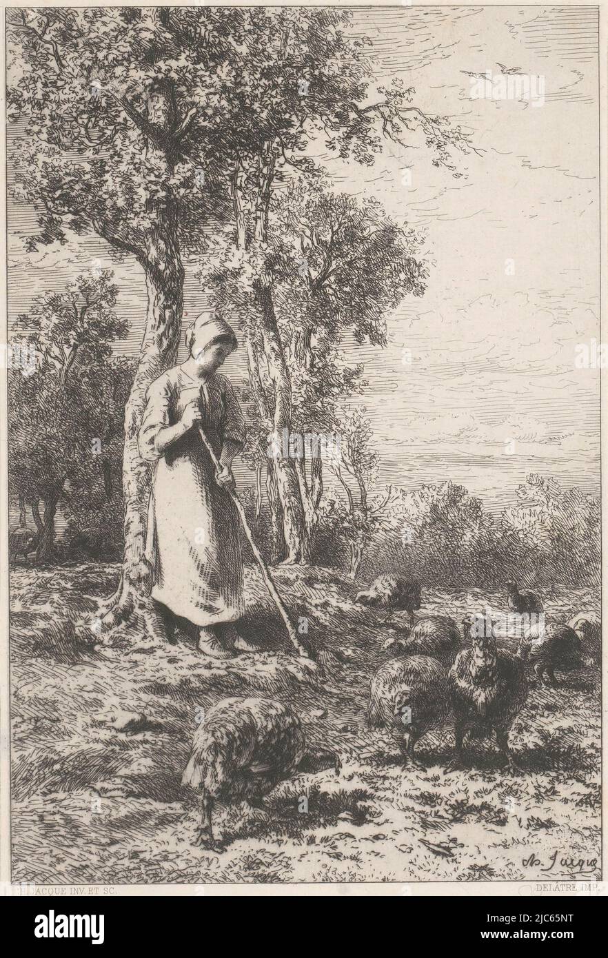 Woman working among chickens Le gardeuse des dindons, print maker: Charles Emile Jacque, (mentioned on object), Charles Emile Jacque, (mentioned on object), printer: Sarazin (drukker), (mentioned on object), print maker: France, printer: Paris, 1865, paper, etching, drypoint, engraving, h 110 mm - w 179 mm Stock Photo