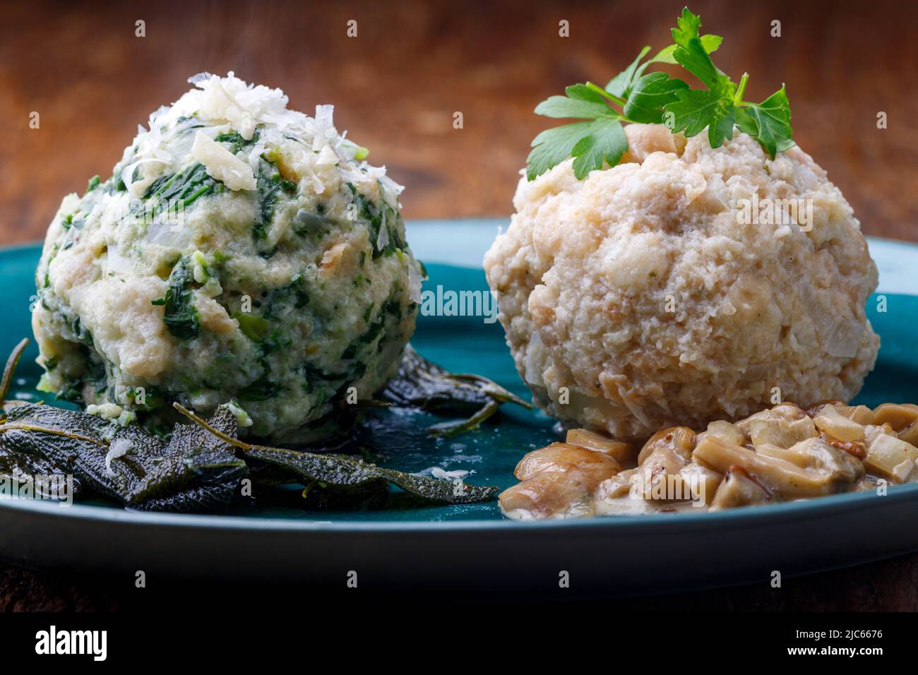 mixed bavarian dumplings on wood Stock Photo