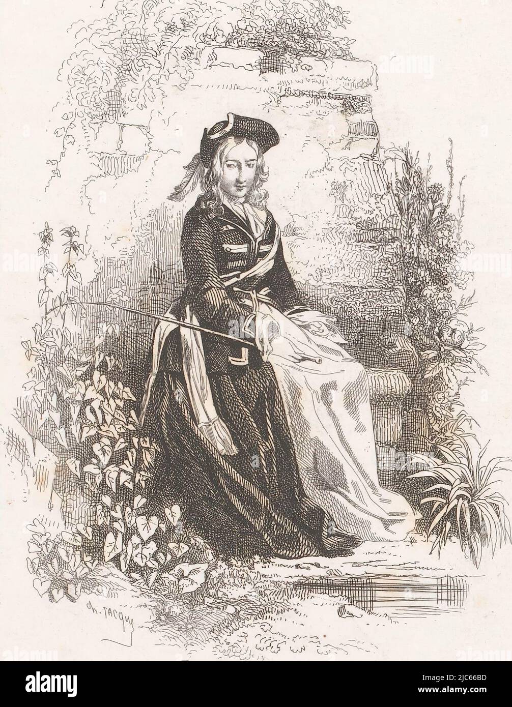Woman in riding dress on a bench Diana Vernon , print maker: Charles Emile Jacque, (attributed to), publisher: Firmin-Didot & Cie, print maker: France, publisher: Paris, 1844, paper, etching, h 121 mm - w 82 mm Stock Photo