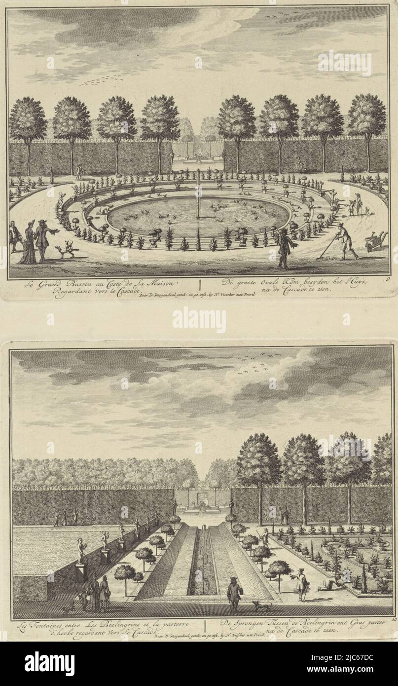 Two views on one sheet. Top: View of the oval pond on the northwest side of the castle at Zeist with the northwest cascade in the background, from the southwest. Below: View of the fountains in the garden on the southeast side of the castle at Zeist between the grassy parterre on the left and the 'Boelingrin' on the right, with the southeast cascade in the background, from the northwest, Large pond seen towards the cascade at Slot Zeist / The fountains in the garden of Slot Zeist The large oval bowl besyden the Huys, after the Cascade to see / Le Grand Bassin au Costé de La Maison Regardent Stock Photo